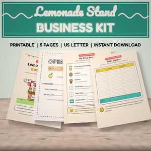 Puede incluir: Un kit de negocio para puesto de limonada imprimible con cinco páginas en tamaño A4. Los documentos incluyen un menú de precios, un rastreador de ventas y letreros con gráficos coloridos, texto y campos para rellenar y registrar ventas.