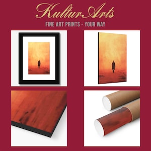 May include: A framed print of a painting depicting a lone figure walking away from the viewer towards a bright orange and yellow light in the distance. The print is framed in black and has a white mat.
