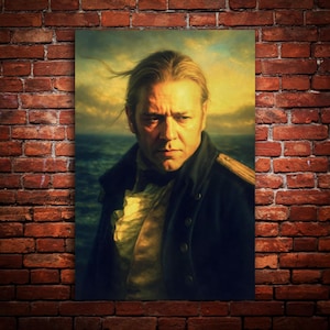 May include: A portrait of a man in a dark navy coat with gold epaulets, a white ruffled shirt, and a serious expression. The background shows a stormy sea and sky, with the man's hair blowing in the wind. The artwork is displayed on a brick wall.