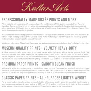 May include: A text-based advertisement for professionally made gicl&eacute;e prints, museum-quality prints, premium paper prints, and classic paper prints. The ad highlights the different paper types and finishes, including velvety heavy-duty, smooth clean finish, and all-purpose lighter weight. It also mentions the use of archival inks and eco-friendly practices.