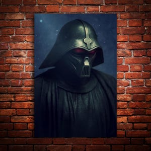 Pode incluir: Retrato emoldurado de Darth Vader. A obra apresenta um capacete escuro com uma máscara distinta e olhos vermelhos. O fundo é azul escuro com estrelas fracas, e o retrato está sobre uma parede de tijolos.