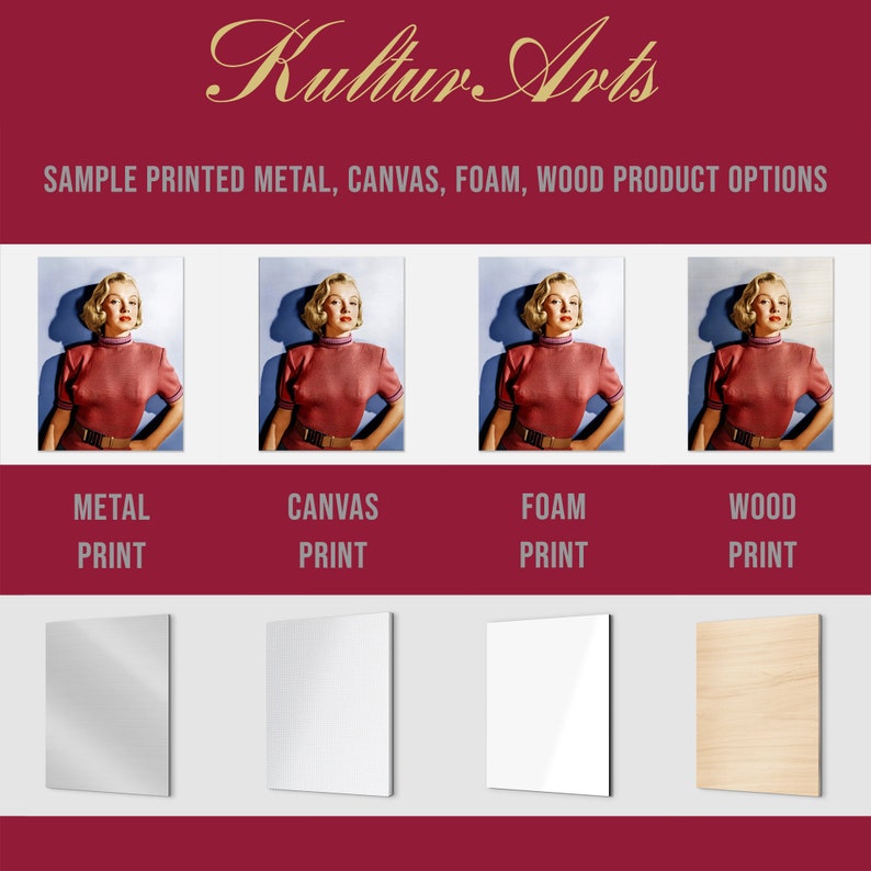 May include: Four sample product options for a print of a woman in a red dress. The options are metal, canvas, foam, and wood. Each option shows a close-up of the print on the material.
