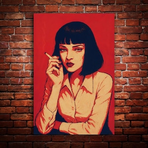 May include: A red and cream-colored pop art style canvas print of a woman with black hair and red lipstick, holding a lit cigarette. The woman is wearing a cream-colored button-down shirt. The background is a solid red color.