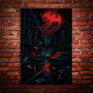 May include: A dark, stylized print showing a city street at night. The image features a red bat symbol in the sky, a red "HOTEL" sign, and cars parked on a wet street. Papers are scattered in the air.