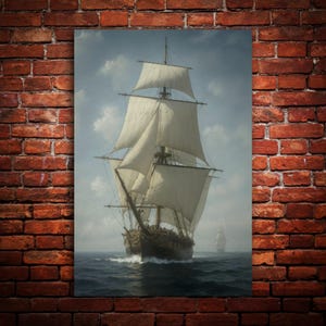 May include: A framed print of a tall ship sailing on the ocean under a cloudy sky. The ship has white sails and is moving through dark blue water. The artwork is displayed against a red brick wall.