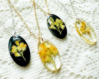 Wildflower Necklace, Botanical Necklace | Resin Flower Pendant, Elegant Designed Oval Shaped Minimalistic Pressed Flower & Goldenrod Jewelry