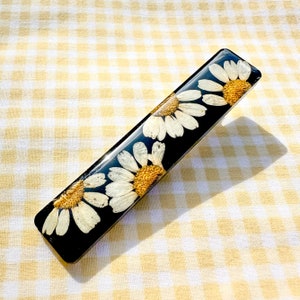 Floral Hair Clip, Resin Hair Clip, Chamomile | Trendy Pressed Daisy Black Bar Resin Floral Hair Clip | Real Flowers Hair Accessory