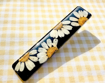 Floral Hair Clip, Resin Hair Clip, Chamomile | Trendy Pressed Daisy Black Bar Resin Floral Hair Clip | Real Flowers Hair Accessory