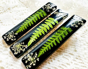 Floral Hair Clip, Metal Hair Clip, Alligator Hair Clip, Fern and Queen Anne's Lace Unique Designed Black Resin Clip, Gift for Women