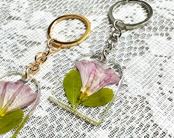 Resin Metal Pressed Wildflower Keychain | Pink Morning Glory Keychains For Flower Lovers, Unique Aesthetic Real Floral Accessory Keychains