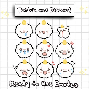 Puede incluir: Nueve emoticonos de dibujos animados en forma de nube blanca con diferentes expresiones faciales, incluyendo feliz, triste, enojado y sorprendido. Los emoticonos están etiquetados como "Twitch y Discord" y "Listos para usar emoticonos".
