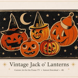 May include: A rectangular digital art print featuring five orange jack-o'-lanterns against a dark blue starry night sky with a crescent moon. The text reads June June July, Vintage Jack o' Lanterns, Custom Art for the Frame TV, Instant Download, 4K.
