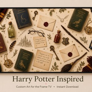 Pode incluir: Uma obra de arte emoldurada com um fundo bege apresentando vários itens temáticos de Harry Potter. Inclui livros, chaves, envelopes, uma varinha, uma vassoura e frascos de poções. O texto "Harry Potter Inspired" está na parte inferior.