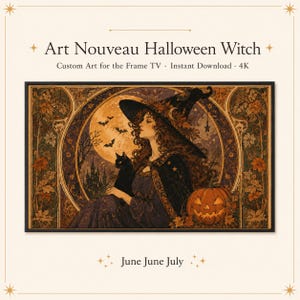 Peut inclure: Une impression numérique représentant une sorcière portant un chapeau et une cape sombres, tenant un chat noir devant une grande lune avec des chauves-souris et une silhouette de château. Une citrouille sculptée est entourée de feuilles d'automne.