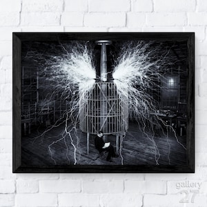 May include: Monochrome framed print depicting a man in a cage with electrical discharges. The image shows a historical scientific experiment, with lightning-like energy emanating from a central device, creating a dramatic visual.