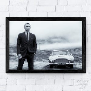 Daniel Craig with Aston Martin DB5, 007 James Bond, Film Scene, Canvas, Metal, Framed, Ready to Hang, Premium Fine Art Print