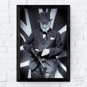 Winston Churchill con ametralladora Tommy, Union Jack, estadista histórico, retrato, lienzo, metal, enmarcado, listo para colgar, impresión de bellas artes de primera calidad