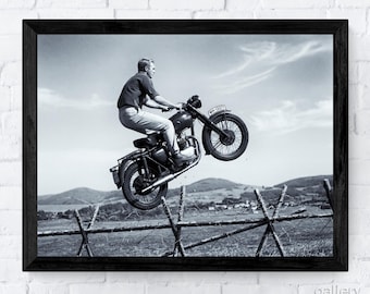 Steve McQueen, The Great Escape 1963 - Motorbike Jump, Classic WW2 Movie, Premium Fine Art Prints, Canvas, Metal, or Framed, Ready to Hang