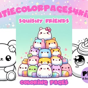 May include: A set of printable coloring pages featuring cute, cartoon-style squishy friends. The pages include a bear, a unicorn, and a stack of colorful, squishy characters. The text "Squishy Friends Coloring Pages" is at the bottom of the page.