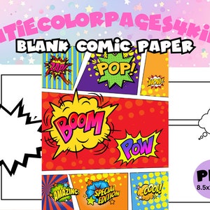 May include: Blank comic book paper featuring a colourful comic book design. The paper is divided into 9 panels with speech bubbles and sound effects such as "BOOM", "POP!" and "POW!" The paper is 8.5x11 inches.