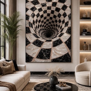 May include: A large rectangular wall art piece featuring a black and white marble checkered pattern that creates a deep optical illusion of a vortex, with thin lines of gold glitter separating each square tile across the entire surface.