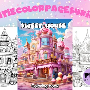 May include: A black and white coloring page of a sweet house with candy details. The house is shaped like a cupcake and has a pink roof. The text "Sweet House" is at the top of the page. The text "Coloring book" is at the bottom of the page. The text "PDF 8.5x11inch" is in the bottom right corner of the page.