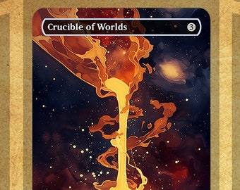 May include: A Magic: The Gathering card with a gold and red background. The card is titled "Crucible of Worlds" and has the text "You may play lands from your graveyard."