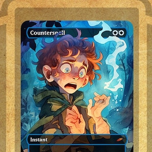 May include: A blue and white magic card with the text "Counterspell" and the illustration of a young person with brown hair and blue eyes looking surprised. The card is an instant and has the text "Counter target spell."
