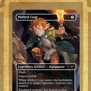 May include: A fantasy trading card featuring a green and brown Mithril Coat, a legendary artifact equipment with the text "Mithril Coat" and "Equip 1". The card has the text "Flash, Indestructible, When Mithril Coat enters the battlefield, attach it to target legendary creature you control. Equipped creature has indestructible."