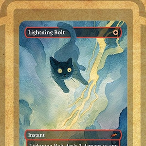 May include: A card with the text "Lightning Bolt" features a black cat with yellow eyes against a blue and white background. The card also includes the text "Instant" and a description of the card's effect. The card is set against a brown background.