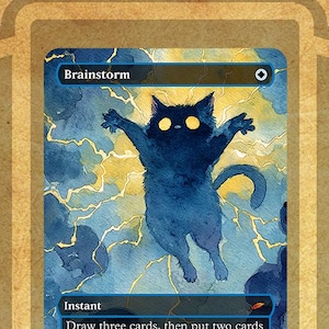May include: A blue and gold Brainstorm card featuring a stylized black cat with glowing yellow eyes and outstretched arms. The card text reads "Brainstorm" and "Instant". The bottom of the card has the word "Brainstorm" in a blue font.