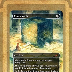Puede incluir: Una carta de Magic: The Gathering que representa un cubo azul y verde con un diseño dorado. La carta se titula "Mana Vault" y tiene el texto "Mana Vault no se desengancha durante tu paso de desenganche. Al comienzo de tu mantenimiento, puedes pagar . Si lo haces, desengancha Mana Vault. Al comienzo de tu paso de robar, si Mana Vault está enganchado, te inflige 1 daño. Añade ."
