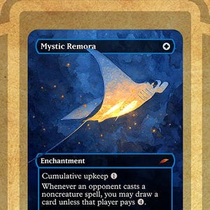 May include: A blue Magic: The Gathering card with a light blue border. The card features a blue and white illustration of a manta ray with a glowing tail. The card text reads "Mystic Remora" and "Enchantment". The card has a mana cost of 1 blue mana and a cumulative upkeep cost of 1 blue mana. The card text reads "Whenever an opponent casts a noncreature spell, you may draw a card unless that player pays 1 blue mana."