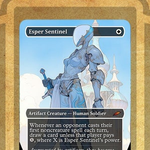 May include: A blue and white illustration of a fantasy creature, Esper Sentinel, on a card with the text "Esper Sentinel" and "Artifact Creature - Human Soldier". The card has a white border and a black mana symbol in the top right corner.