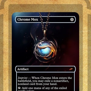 May include: A black and blue Chrome Mox Magic: The Gathering card with a silver chain and a blue orb pendant. The card text reads "Imprint - When Chrome Mox enters the battlefield, you may exile a nonartifact, nonland card from your hand. : Add one mana of any of the exiled card's colors."
