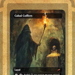 May include: A Magic: The Gathering card depicting a hooded figure holding a torch in a dark, cavernous setting. The card is titled "Cabal Coffers" and is a land card with the text: ",: Add to your mana pool for each swamp you control."