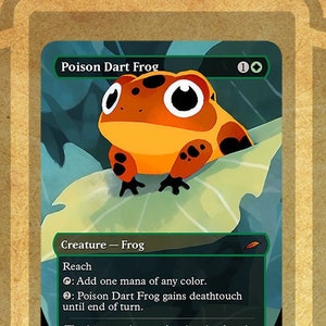 May include: A green and orange Poison Dart Frog trading card with the text "Poison Dart Frog" and "Reach" on the card. The card has a green background with a yellow frog on a green leaf.