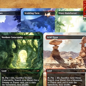 May include: A set of five Magic: The Gathering cards featuring different lands. The cards are titled "Marsh Flats", "Scalding Tarn", "Misty Rainforest", "Verdant Catacombs", and "Arid Mesa". Each card has a unique illustration and text describing its abilities.