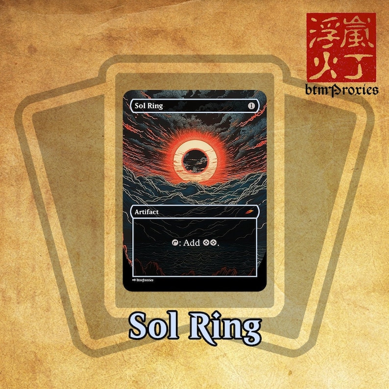 MTG Sol Ring artifact mana rock. Blazing ring appears on the horizon of a dramatic sky.
