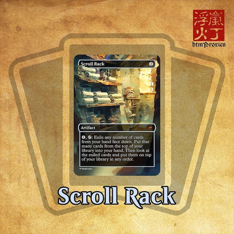MTG Scroll Rack Proxy artifact card draw. A dusty old room with shelves filled with scrolls