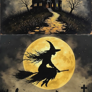 A4 Haunted Manor & Witch Duo Decoupage Rice Paper DC747 for Halloween Junk Journals, Gothic Mixed Media, Scrapbooking, DIY Spooky Decor