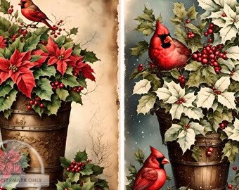 A4 Christmas Cardinal and Poinsettia Vintage Style Decoupage Rice Paper DC522 for Vintage Cardinal Holiday Craft and Scrapbook Supplies