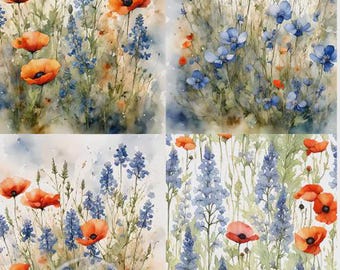 A4 Bluebonnets and Poppies Quad Decoupage Rice Paper DC412 - Sheet for Decoupage, Scrapbooking & Crafts - Floral Botanical Art Paper