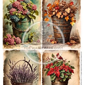 A4 Old Bucket 4 Seasons Decoupage Paper DC526 Vintage Rice Paper for DIY Crafts, Upcycle Cottagecore Autumn Christmas Watercolor Poinsettia