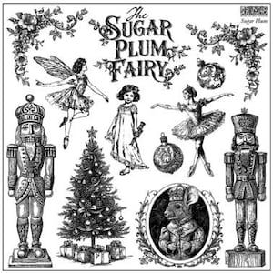 May include: Black and white illustration featuring elements of The Sugar Plum Fairy theme. Includes a nutcracker, fairy, ballerina, Christmas tree, ornaments, a mouse, and the text "The Sugar Plum Fairy".