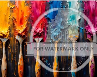 May include: An abstract painting featuring paintbrushes with wooden handles and colorful paint strokes in shades of yellow, orange, red, blue, and pink. The image has the text "FOR WATERMARK ONLY" and "SUPPLIES FOR CRAFTERS".