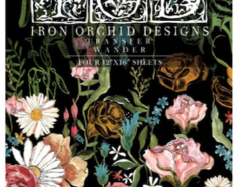 Könnte beinhalten: Iron Orchid Designs Transfer Wander, ein Set mit vier Blättern im Format 30,5 x 40,6 cm mit einem floralen Design mit Rosen, Gänseblümchen und anderen Blumen in den Farben Rosa, Rot, Weiß, Gelb und Blau auf schwarzem Hintergrund.