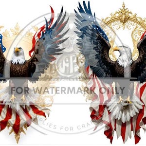 May include: Two bald eagles with outstretched wings are positioned against a backdrop of an American flag. The eagles are perched on a gold ornate frame with a white background.