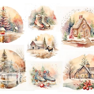 May include: A set of six watercolor illustrations featuring winter scenes. The illustrations include a snowy forest with a gingerbread house, a barn with a moose, a winter scene with ice skates, a winter scene with a pond and a house, a winter scene with a house and a Christmas tree, and a winter scene with a house and a Christmas tree.