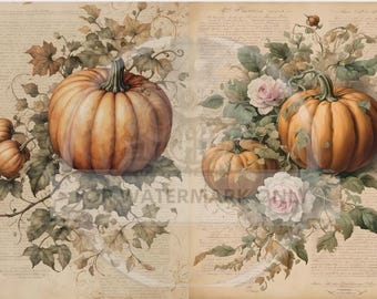 May include: Watercolor illustration featuring pumpkins and foliage. The image showcases several orange pumpkins of varying sizes, surrounded by green leaves and vines. Soft pink and white roses add a touch of elegance to the autumnal theme.